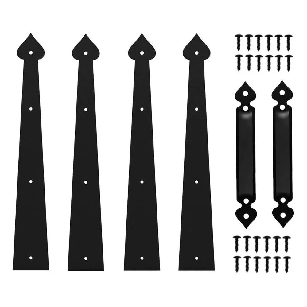 Metal Gate Door House Hinge Handle Set Decorative Garage Door Carriage  Door Hardware Black 2 Handles 4 Hinge with Screws