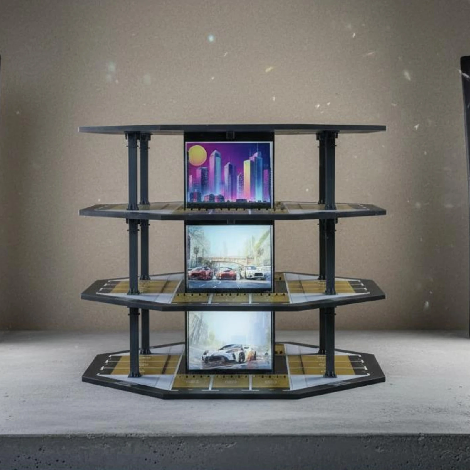 modello-di-garage-ottagonale-a-3-piani-design-realistico-scena-in-miniatura-dettagliata-per-esposizione