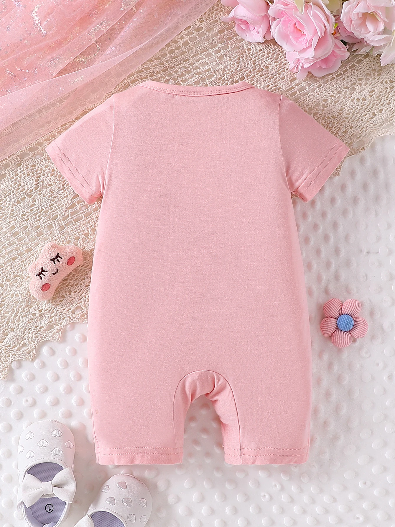 2026 Spring Summer Ultra-Soft Baby Girl Pink Lace Trim Short Sleeve Zipper Baby Bodysuits and One-Pieces0-3Years: Gentle on Skin