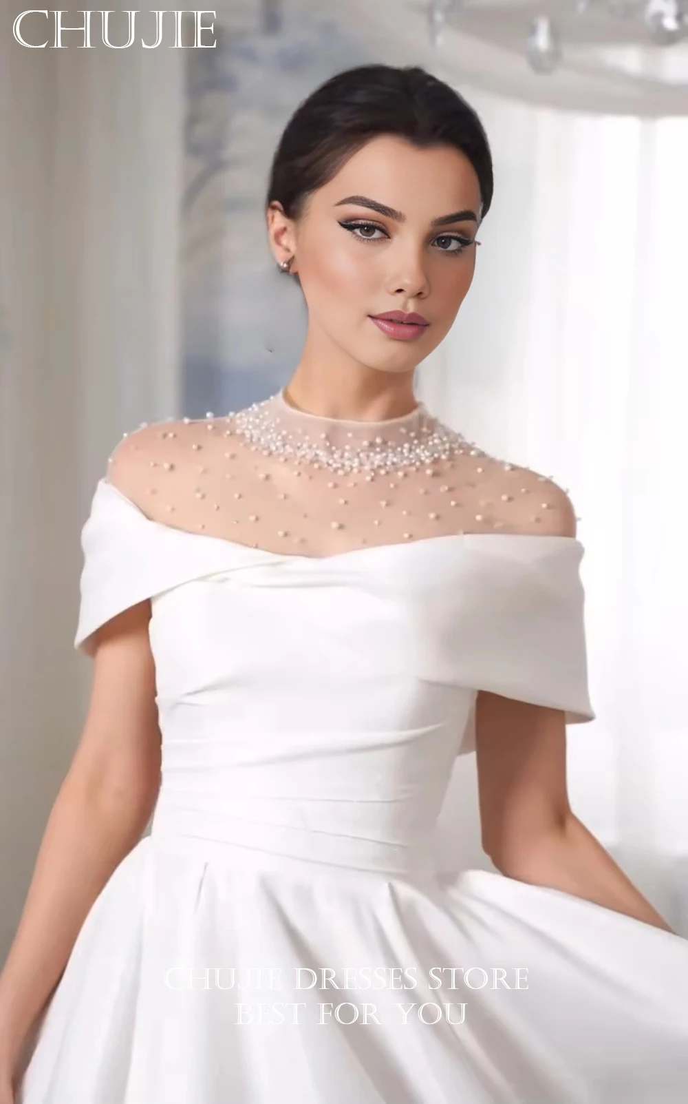 White Off Shoulder Dubai Arabia Wedding Dresses High Neck Pearls Satin A-Line Princess Bridal Gowns Vestidos De Novia Customized