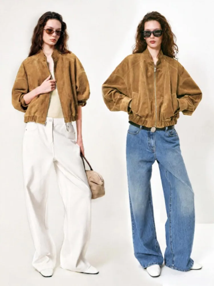 2026 Autumn Womens Sheep Suede Short Jacket Casual Stand Collar Zipper Genuine Leather Solid Color Outerwear Work Ladies Coats