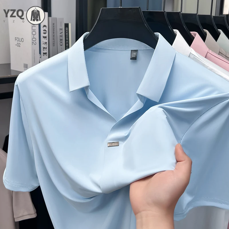 Outdoor banquet male notch lapel short sleeve shirt invisible metal buckle seamless cooling fabric sweat wicking tee