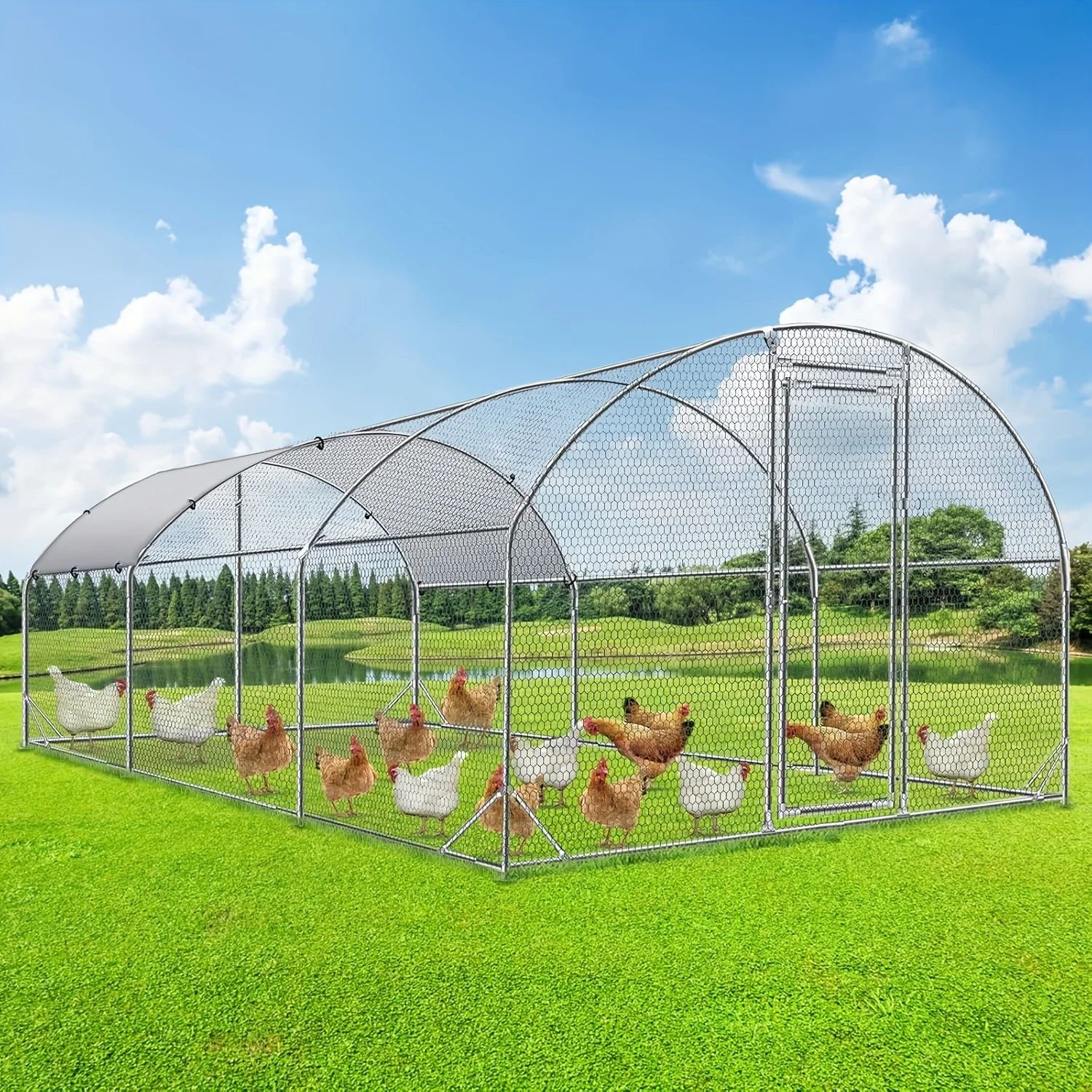 

Large Metal Chicken Coop With Run Walk-in Poultry Cage Chicken Runs House Pen Cage Dome Roofed Chicken Coops With Anti-Ultraviolet Cover For Outdoor Backyard Farm Dome Roof Flat Roof Spire Roof, Easter