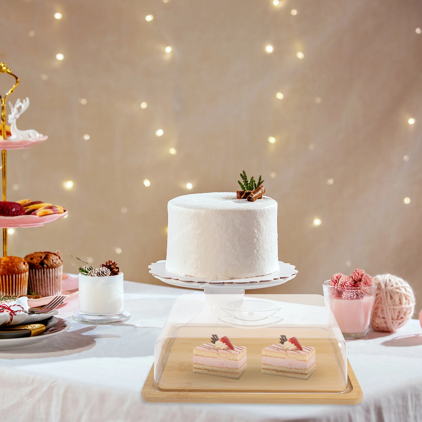 

1Set Covered Cake Stand Acrylic Lid Plate Rustic Design Suitable for Cakes Cupcakes Muffins Treats Display Cake Stand with Dome