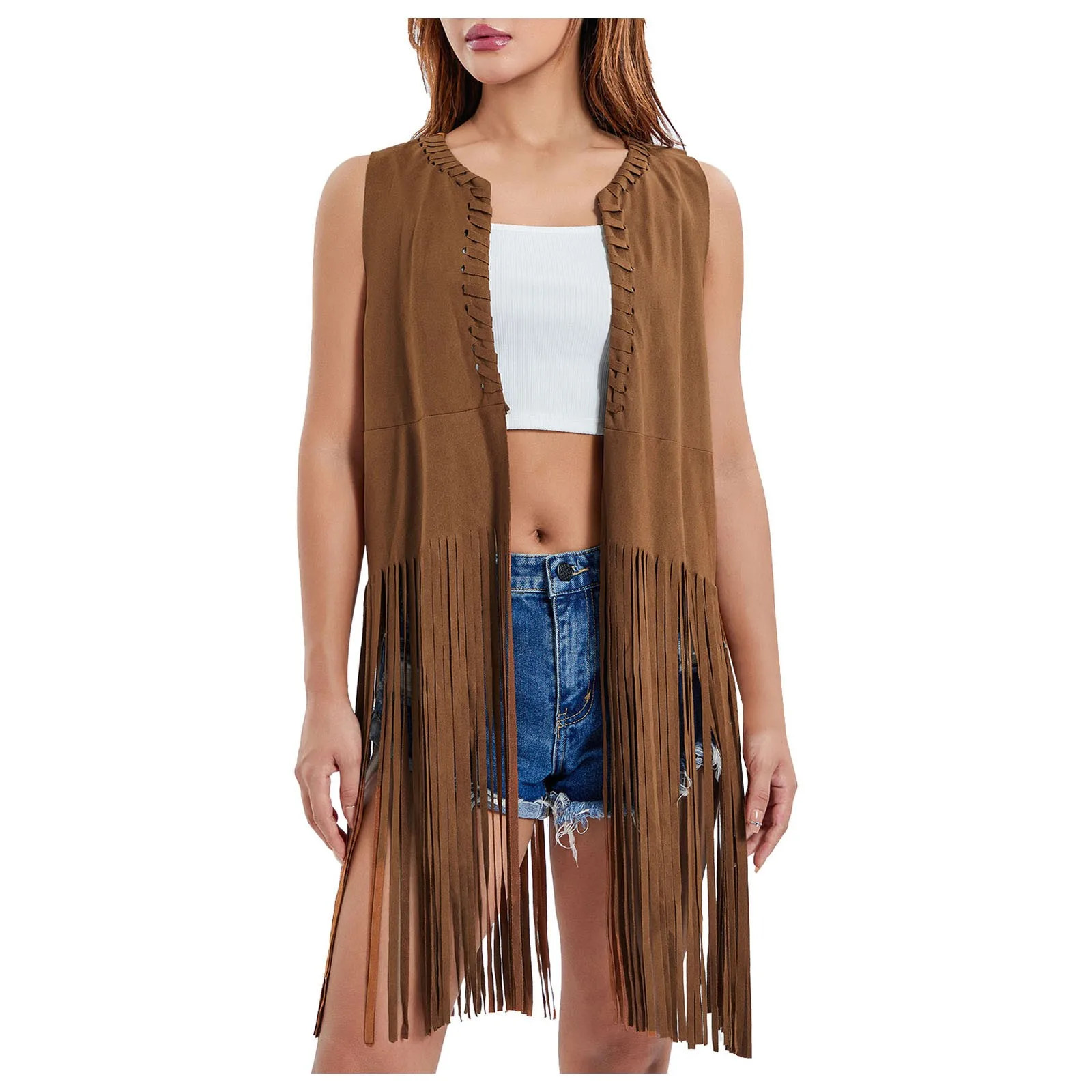 Womens Fringe Vest 70s Hippie Costume Sleeveless Western Faux Suede Tassel Leather Outerwear Womens Lightweight Cardigans