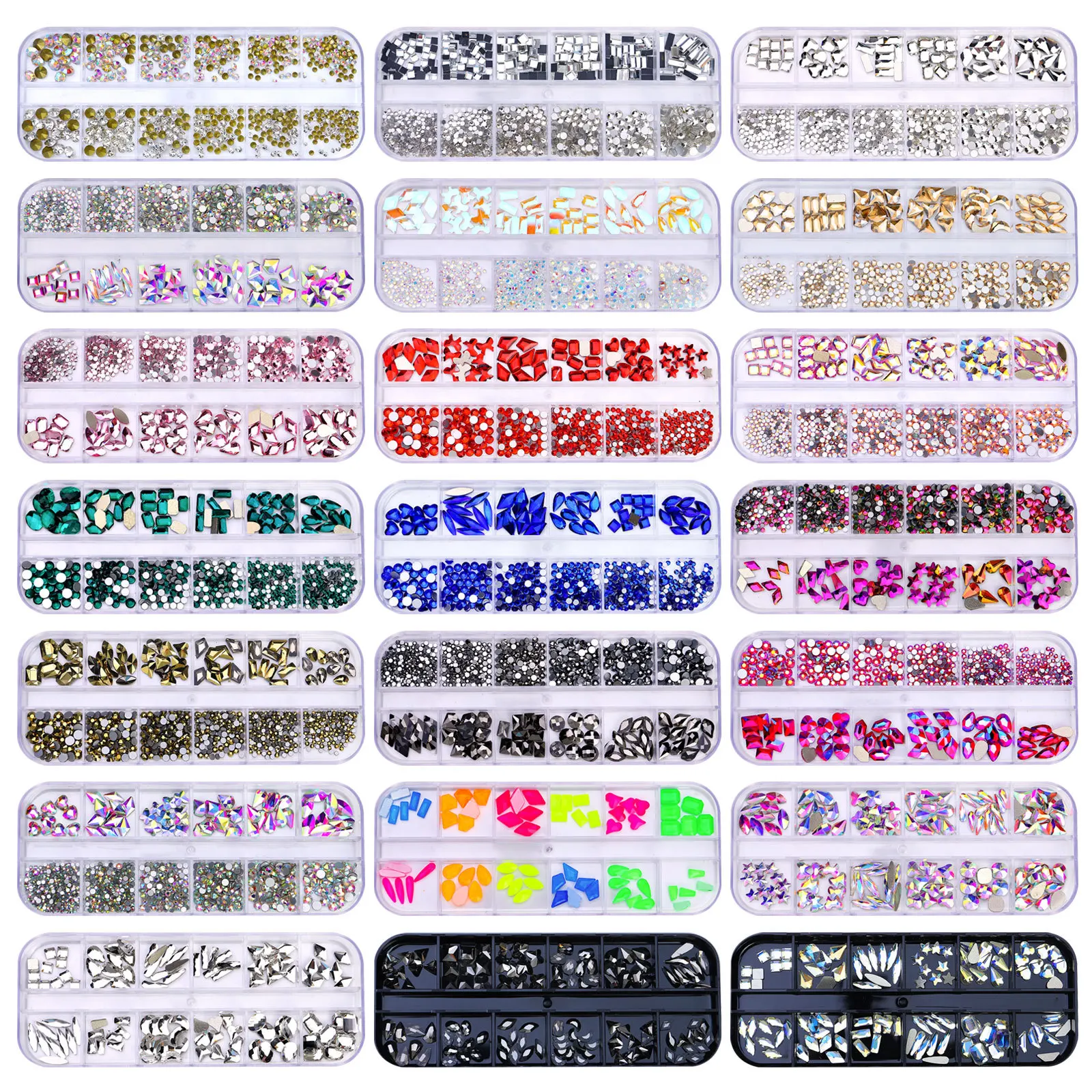 1 Box Crystal Nail Art Rhinestone Gold Silver Clear All Color Flat Bottom Mixed Shape DIY Nail Art 3D Decoration In 12cell pot