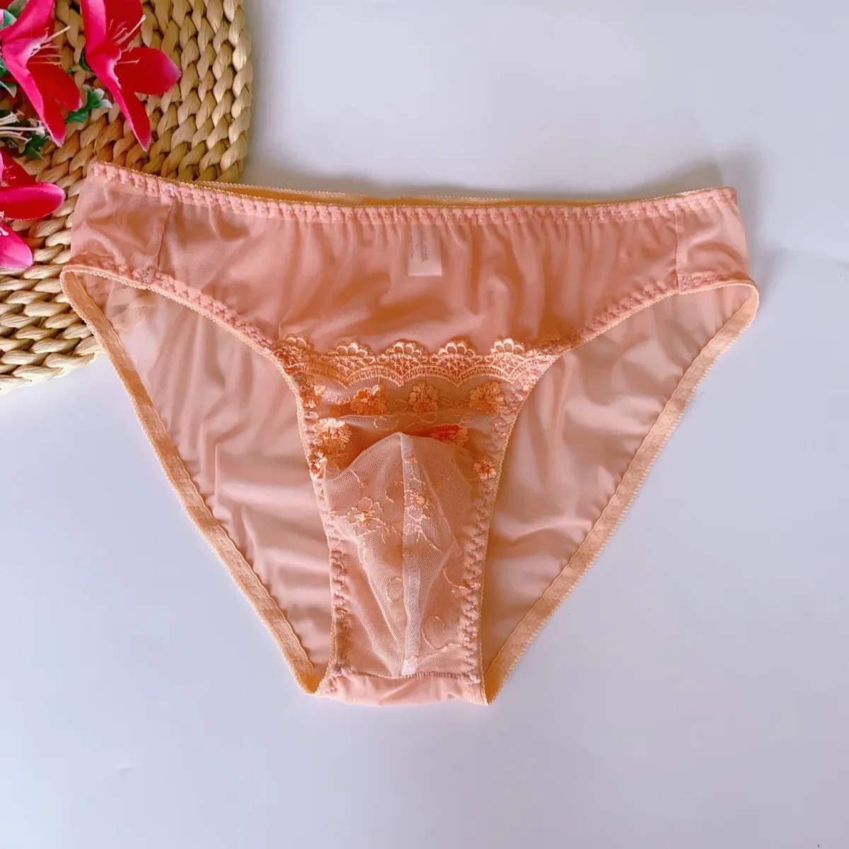 Men Floral Lace Mesh Briefs See‑Through Cross-dressing Triangle Underwear Mid‑Waist Sexy Breathable Soft Sissy Underpants