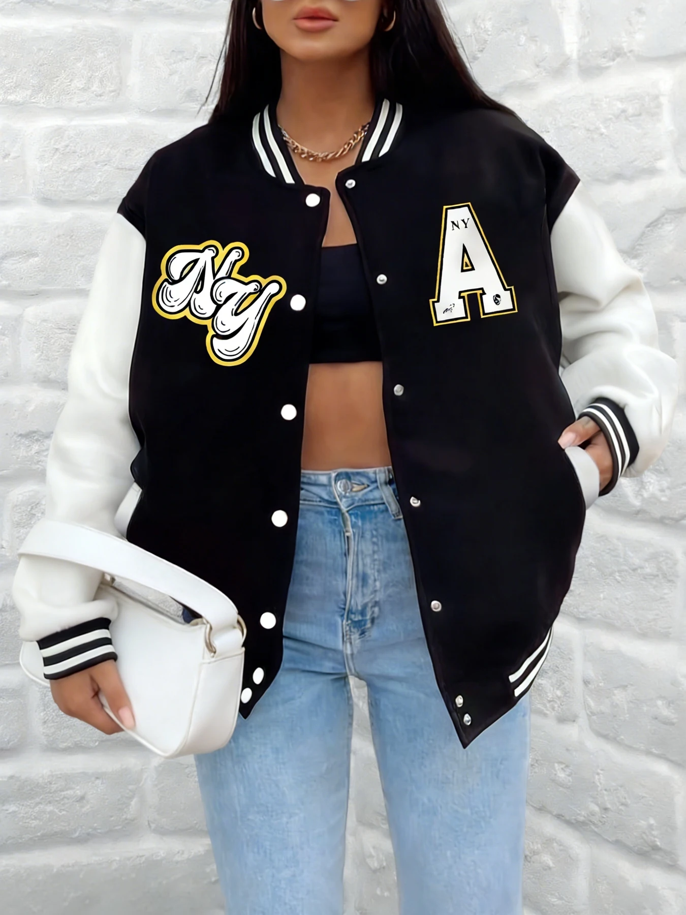 

Женская стильная бейсбольная куртка с буквенным принтом Нью-Йорка, университетское пальто, свободная верхняя одежда, повседневная уличная одежда, модная одежда