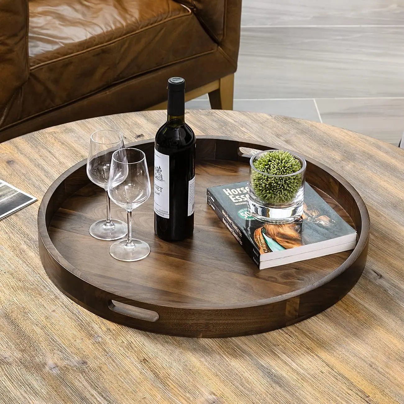 

Round Ottoman Table Tray Wooden Solid Serving Tray with Handle Black Walnut Circle Platter Decorative Tray Home Breakfast in Bed