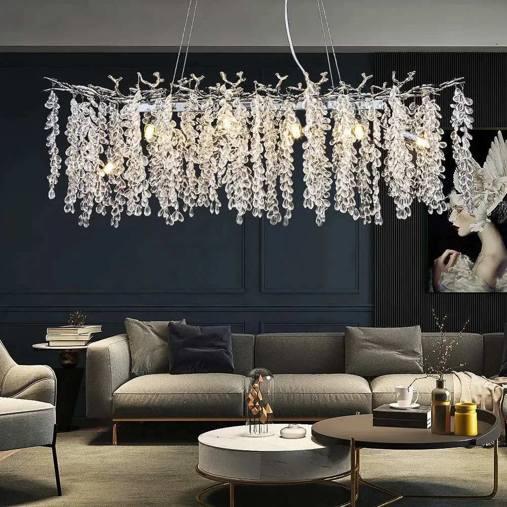 Chrome Crystal Chandelier For Dining Living Room Bedroom Kitchen Table Crystal Branch Crystal Hanging Chandeliers Light Silver