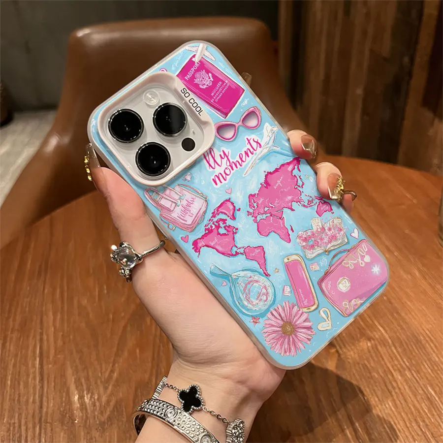 Telefono da sogno di viaggio nel mondo a tema rosa per iPhone da 17 a 11 Pro Max Plus