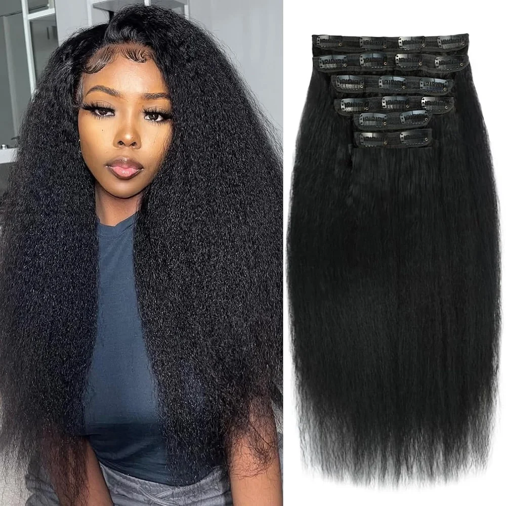 

Бразильские волосы Yaki Remy для наращивания волос для женщин Kinky Straight Clip in Hair Extensions 100% человеческие волосы 1B Натуральный черный полная голова