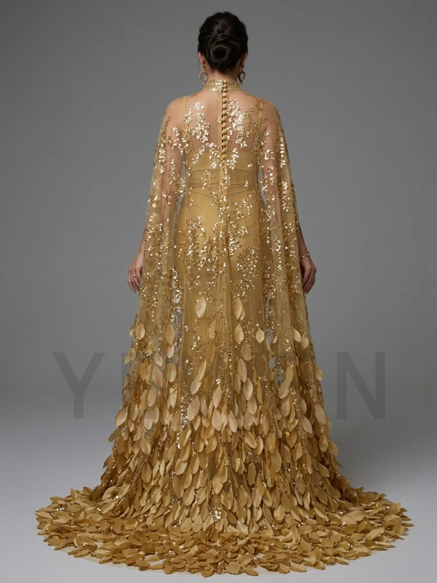 Luxury Gold Maternity Dresses for Photo Shoot Elegant Sequin Lace Cape Pregnancy Gown Long Pregnant Photography Props YD260908