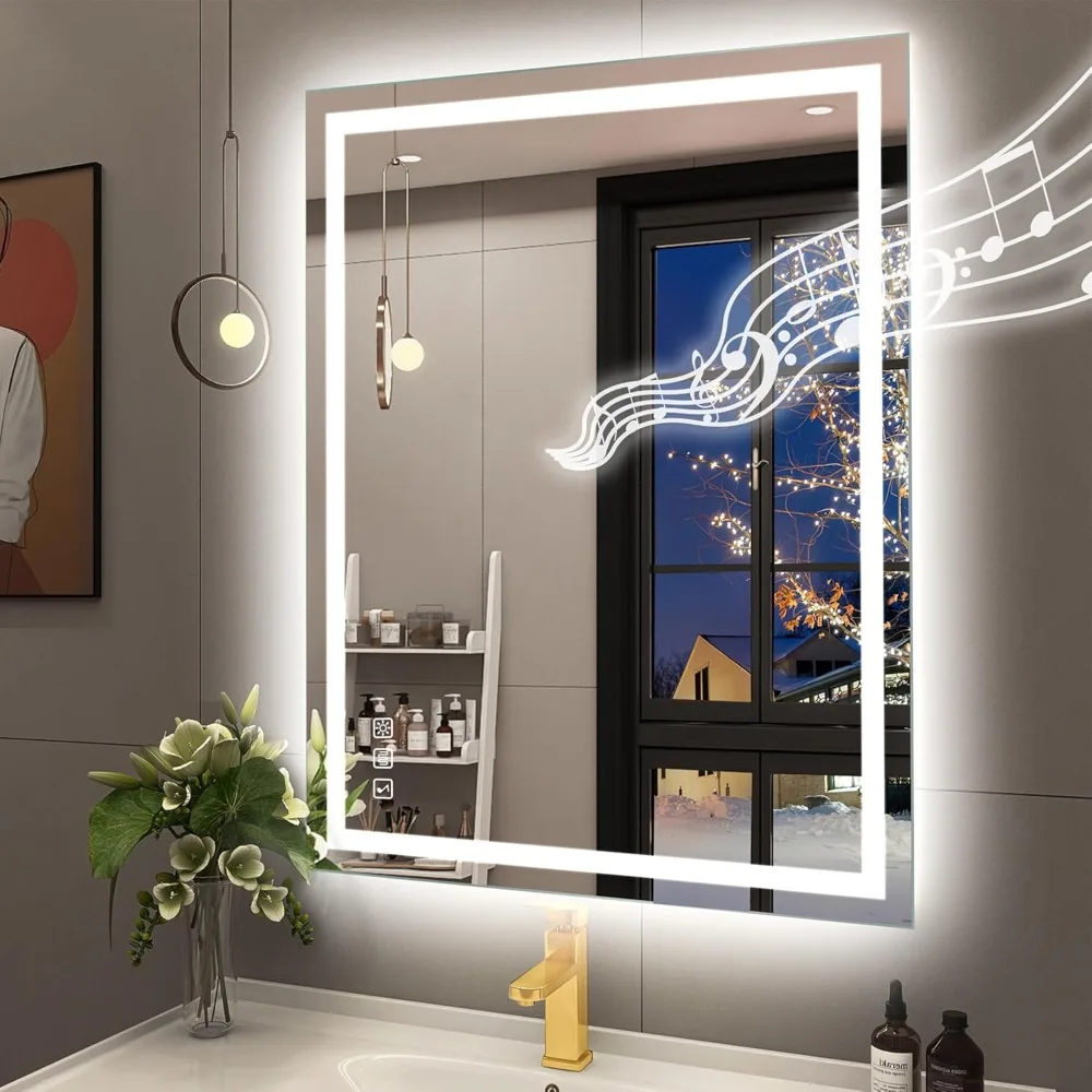 

Led-Bathroom-Mirror-with-Lights, 28"x36" Wall-Mounted with 3 Colors Dimmable Light, Bluetooth Speaker, Anti-Fog, Memory, Tempere