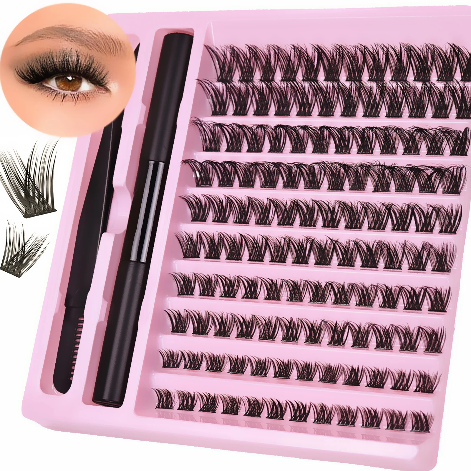 DIY Lash Extension Kit, Lash Clusters With Waterproof Strong Hold Lash Bond And Seal And Eyelash Tweezers Lashes Cluster Kit