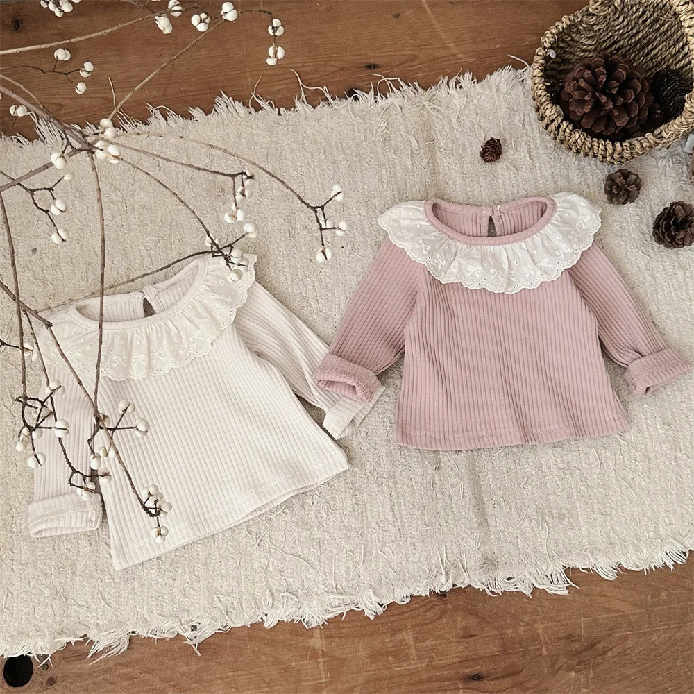 Baby Girls Long Sleeve Base Layer Top Ribbed Knit Lace Ruffle Collar Design Princess Inner Wear for Spring & Autumn