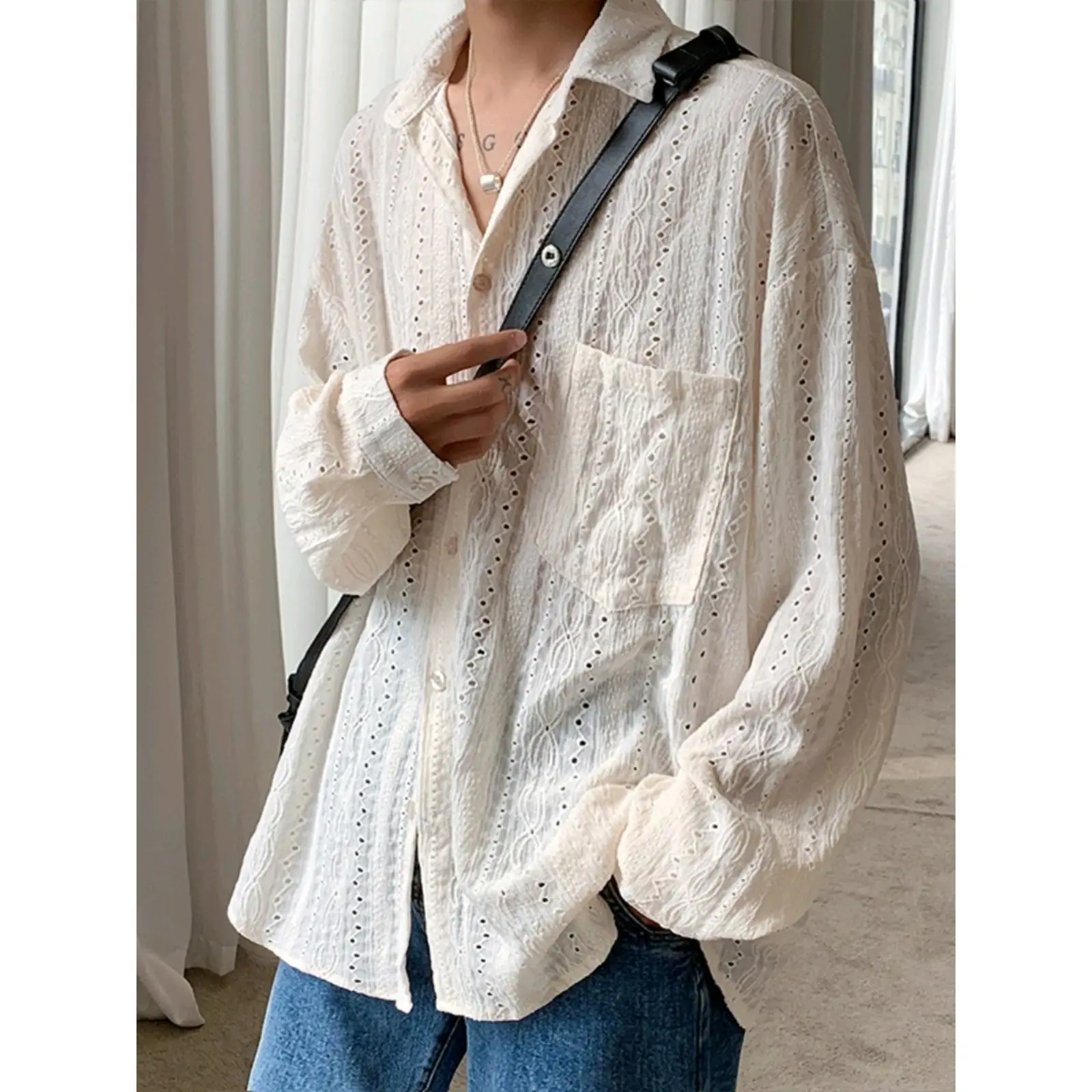 

New Fashion Men's Apricot Black Solid Color Long Sleeve Cuban Collar Single-breasted Loose Hollowed Out Shirts Male Clothes Tops