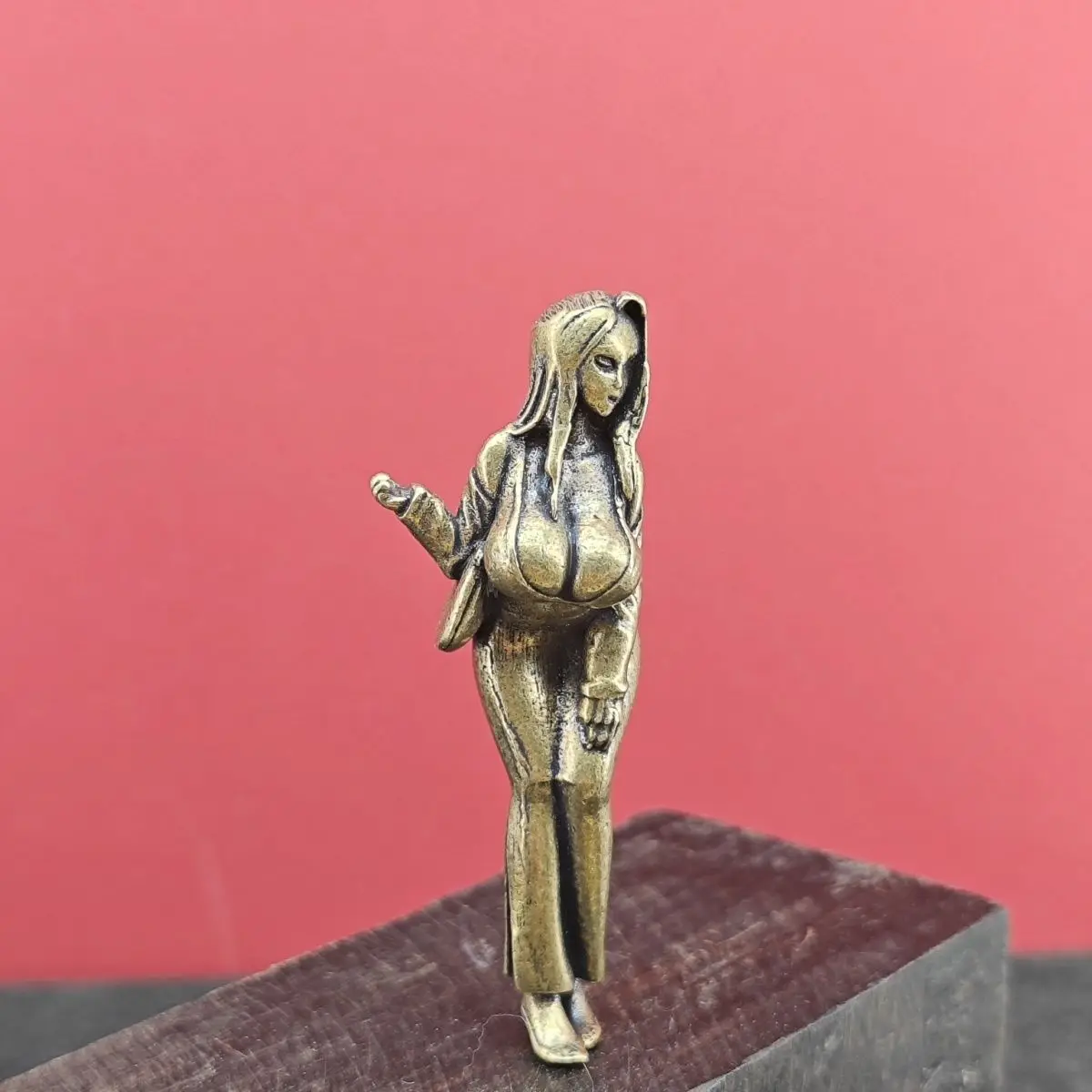 Brass Miniature Girl Figurine, Desktop Computer Case Ornament, Home Decor Collectible, Cute Small Desk Statue