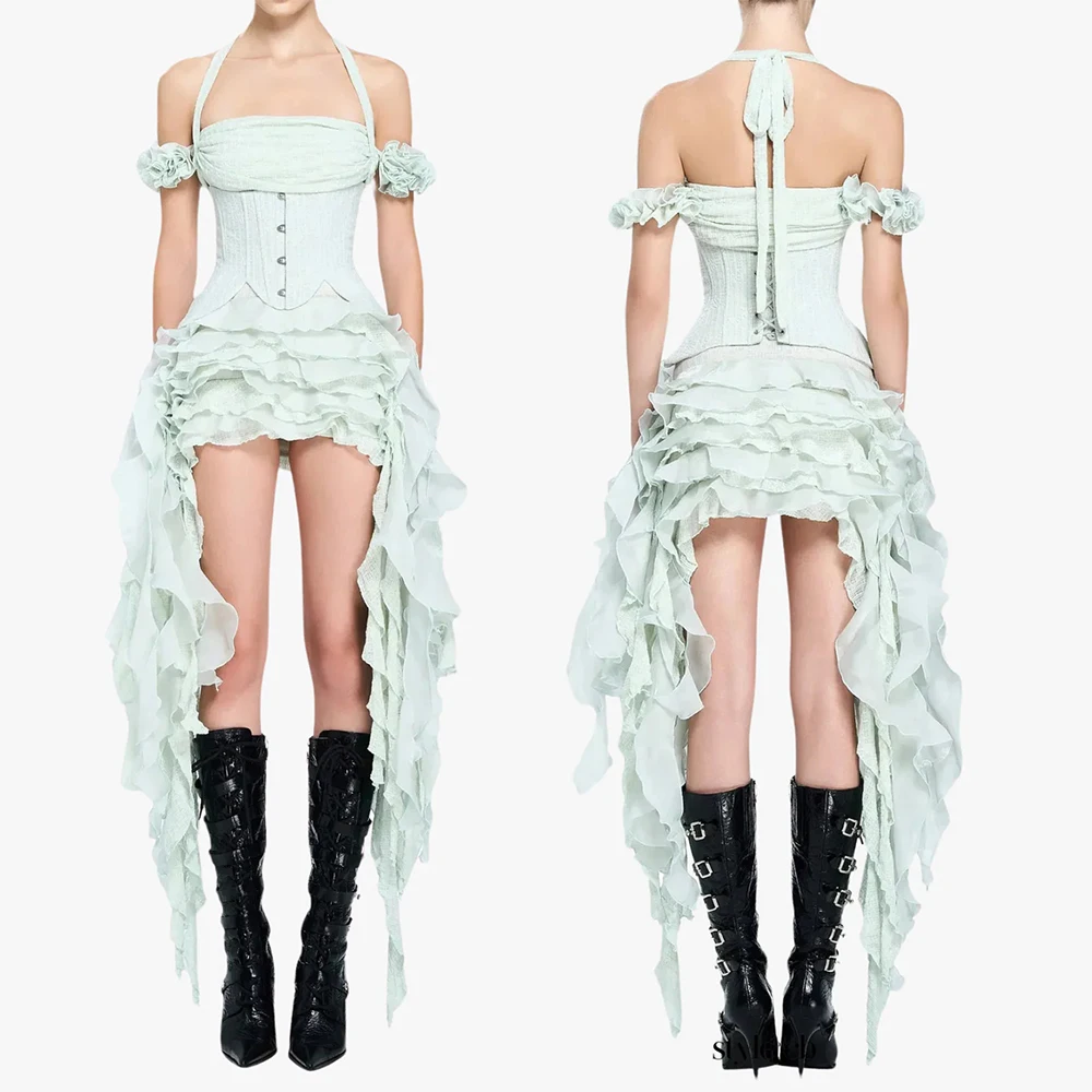 

Women Brithday Prom Dress Three Piece Sets Sexy Halter Neck Folds Ruffled Dress+Lace-up Corset Top+Shorts Suits Party Cocktail