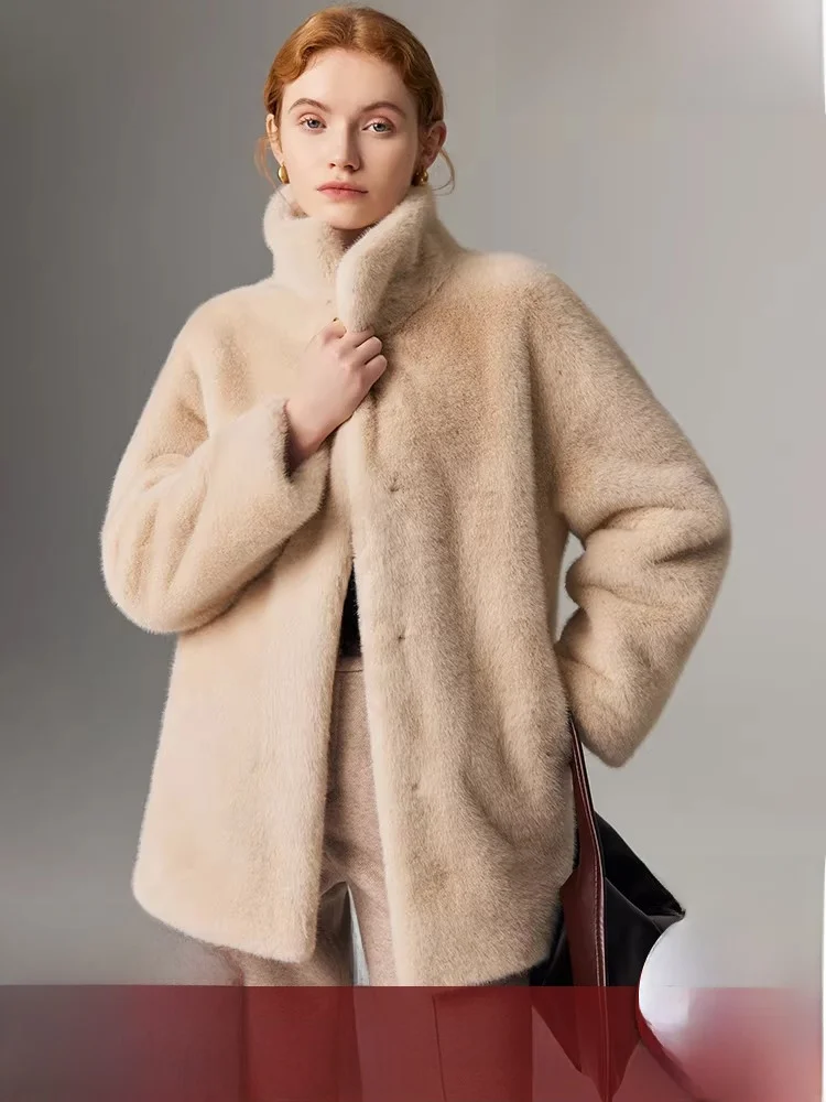 

Australian Women's Thiened Winter Fur Coat Stand Collar Simulation Mink Long Sve Loose Fit Korean Sle Pure Color Coat