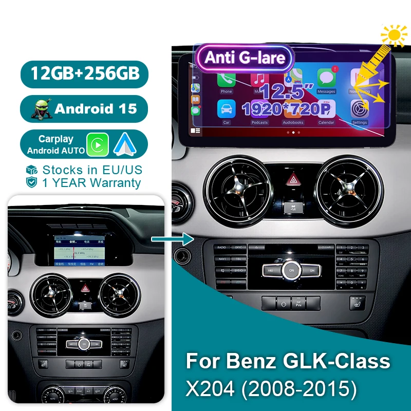 Wondefoo 1920*720P Screen Android 15 Auto Car Radio 12.5“ Wireless Carplay Stereo For Mercedes Benz GLK Class X204 2008-2015 NTG 4.0 4.5 Bluetooth Navigation Multimedia Player Autoradio GPS 4G BT 2 DIN