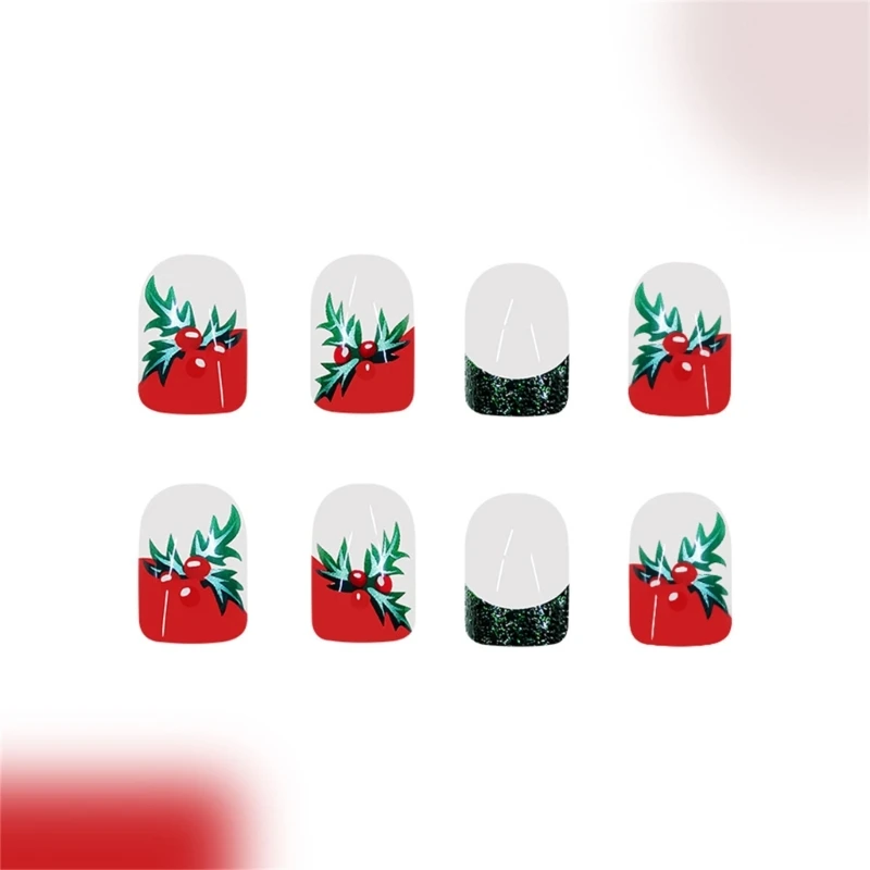 E1YE 48 Pcs Cherries Press On Nails Short Full Cover False Nails with Christmas Tree