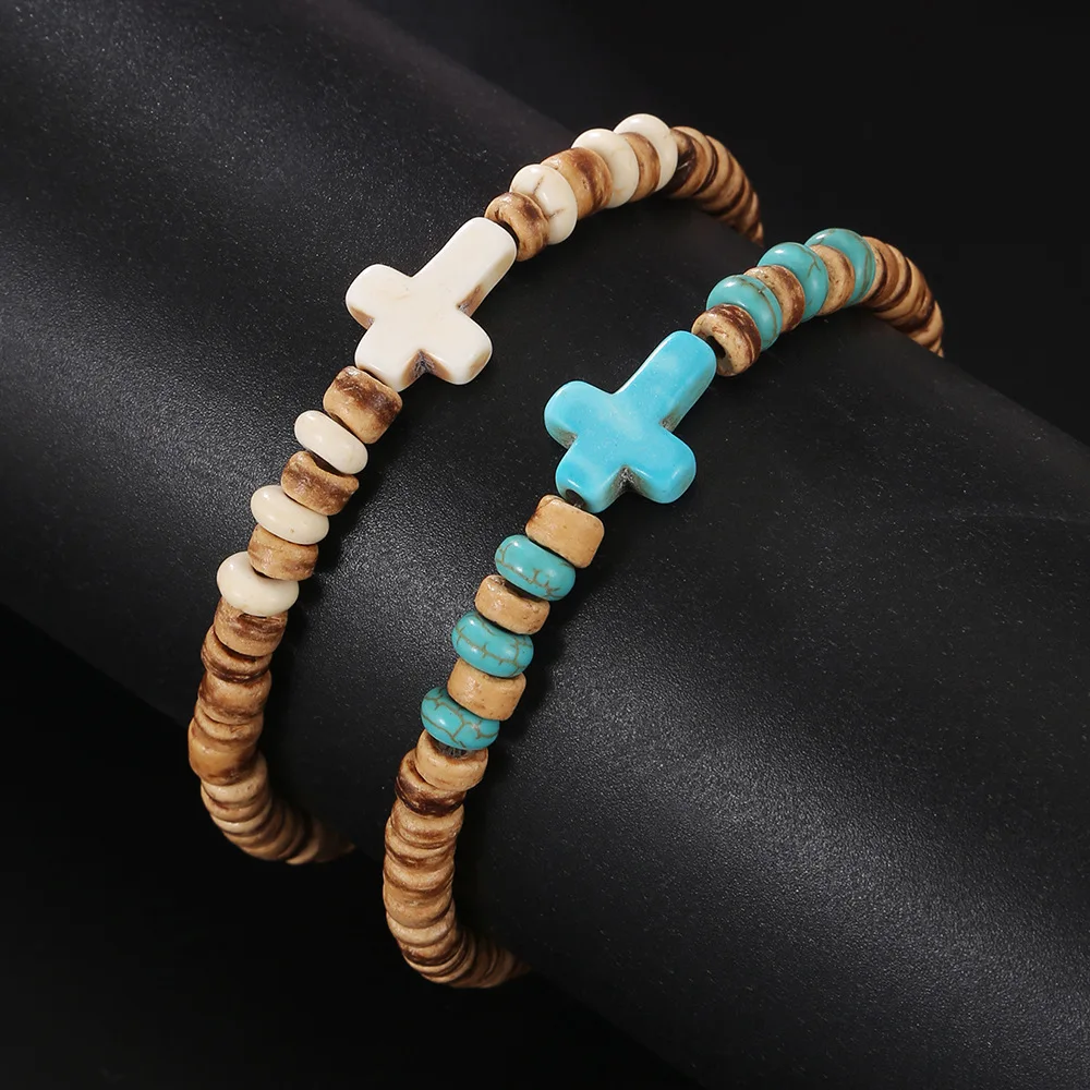 Bohemian Coconut Shell Wood Chips Cross Bracelet For Men Retro Handmade Beaded Jewelry Fashion Accessories Gifts view 6