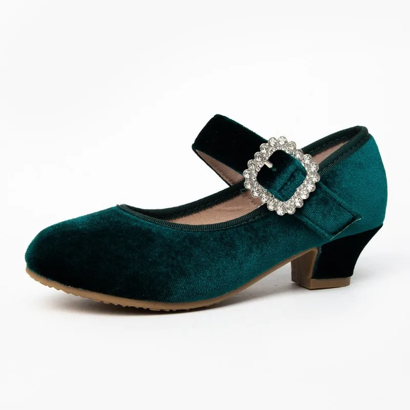 Kids High Heels Green Suede Rhinestone Girl Princess Dress Leather Shoes Wedding Party Non-slip Children Catwalk Mary Jane Shoes