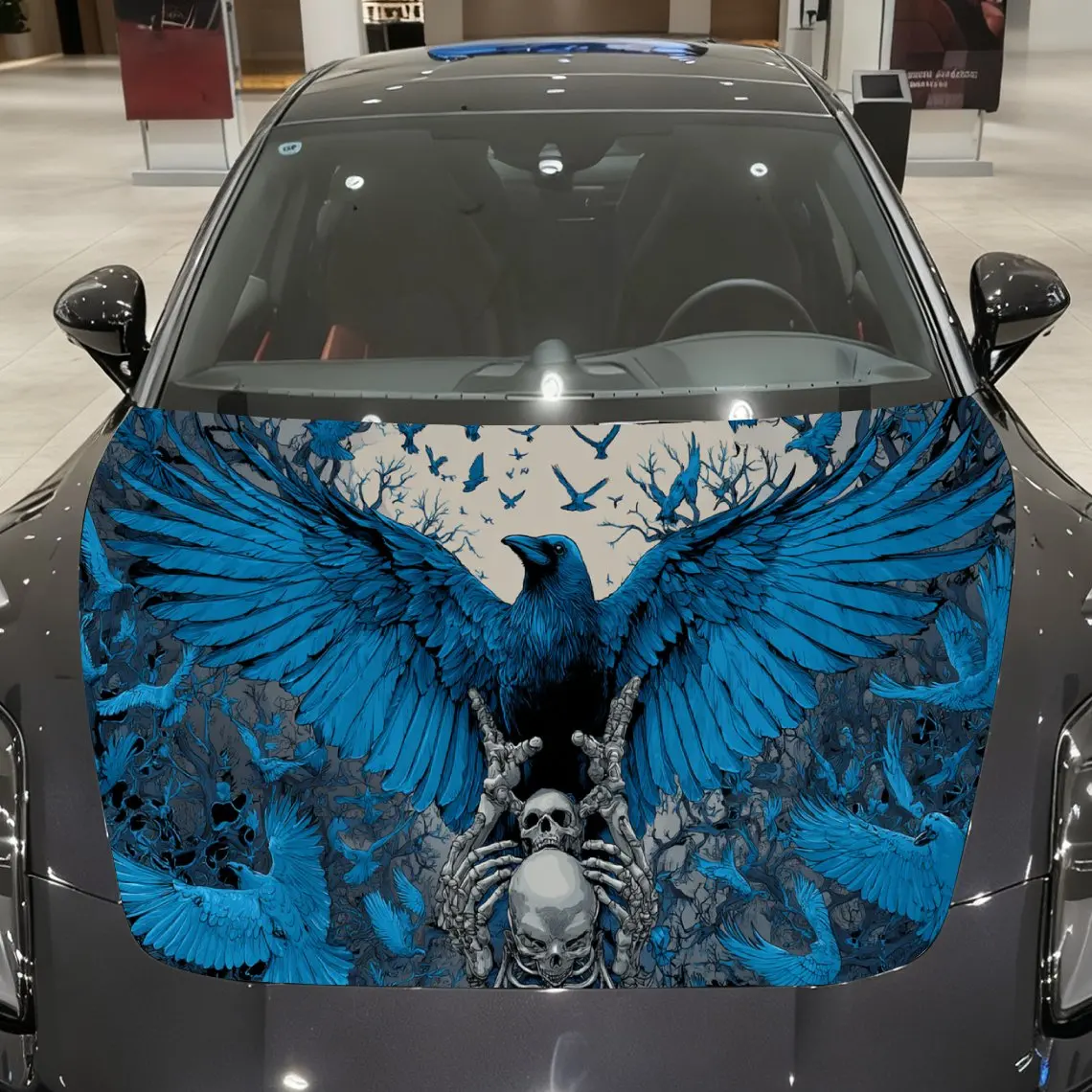 

Blue Crow Skull Car hood packaging sticker, PVC material, self-adhesive waterproof, anti-slip paint, car exterior decoration acc