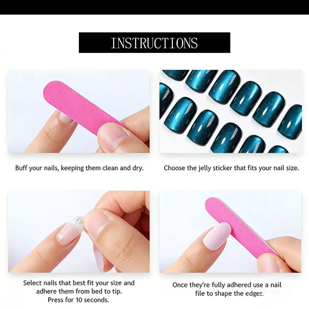 48Pcs Sea Blue Cat Eye Press on Nails Short Square Shape Full Cover False Nails Set Nail Lengthening Glossy Finish