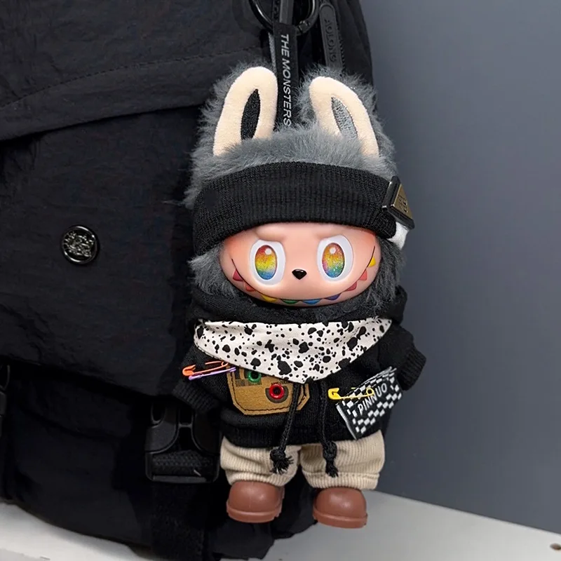 

For 17cm Labubu Clothing Set Trendy Hoodie Colorful Pin Handmade 3.0 Labubu Clothes Necklace Headphones Doll Accessories DIY