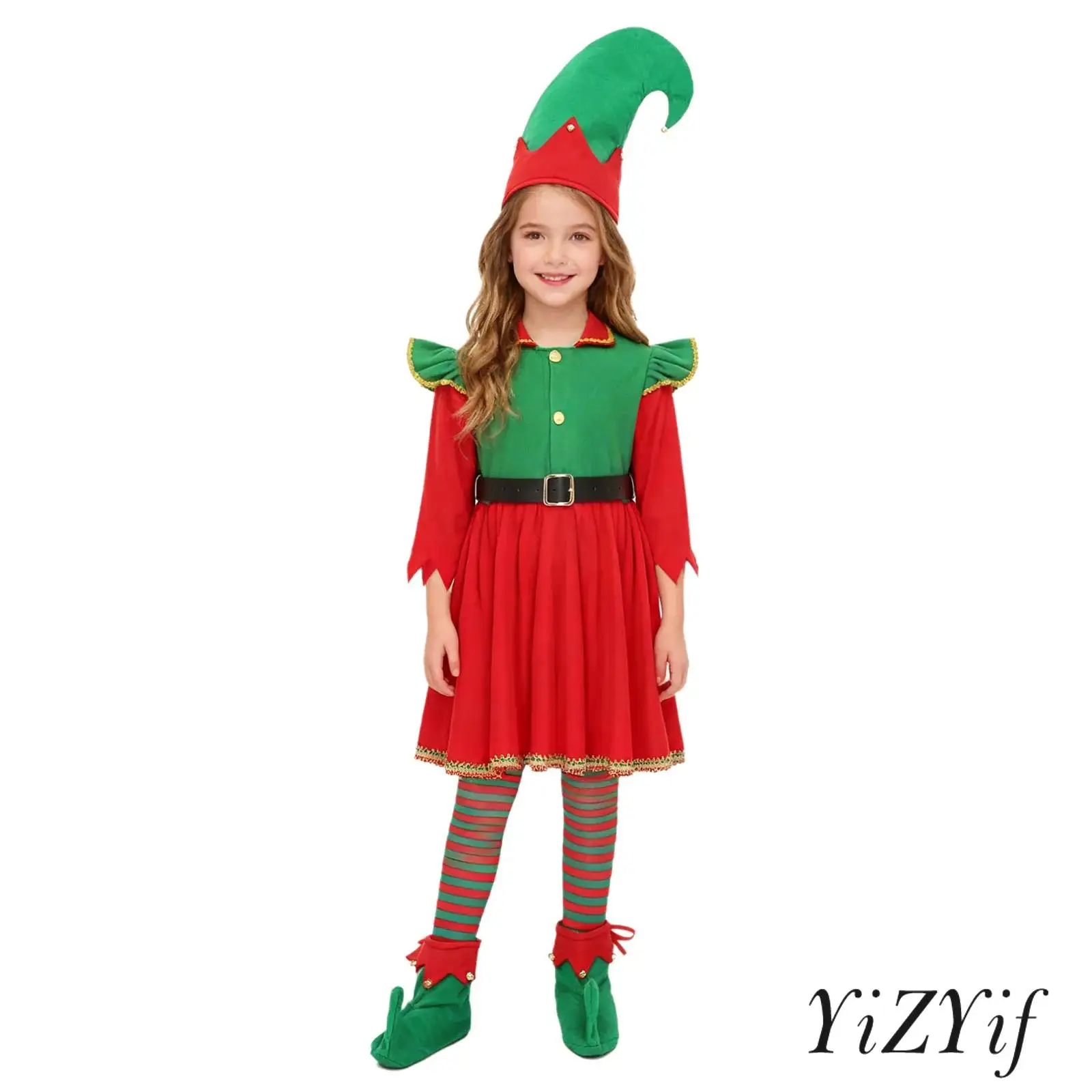 

Kids Girls Christmas Elf Costume Santa Helper Dress with Belt Xmas Over Knee Thigh Socks Hat Elf Shoes Set for Christmas Parties