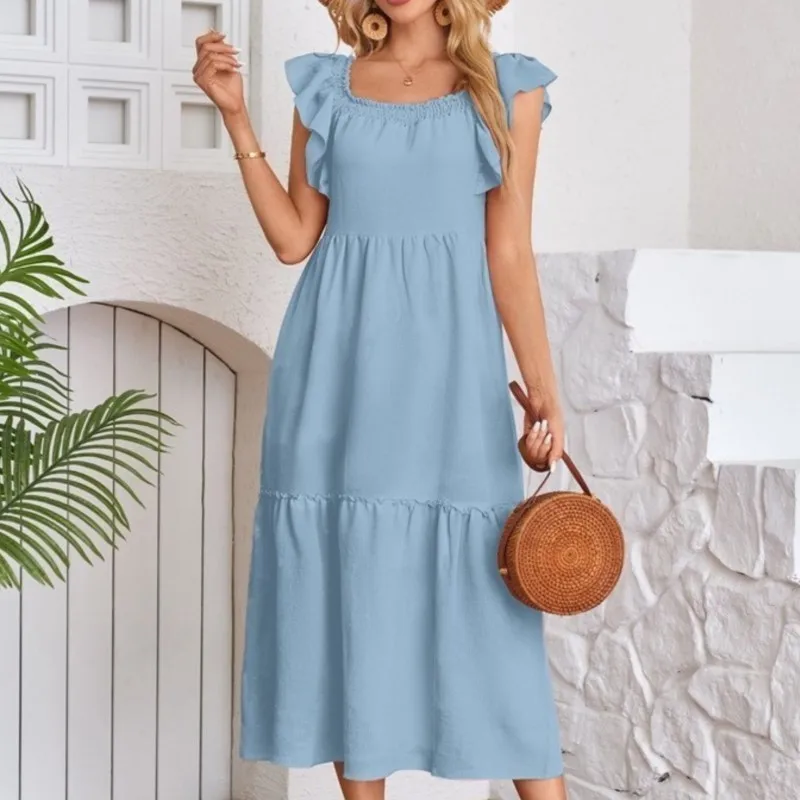 Feminino decote em u pétala mangas cor sólida cintura alta saia longa elegante em camadas plissado vestido evasê vestido casual