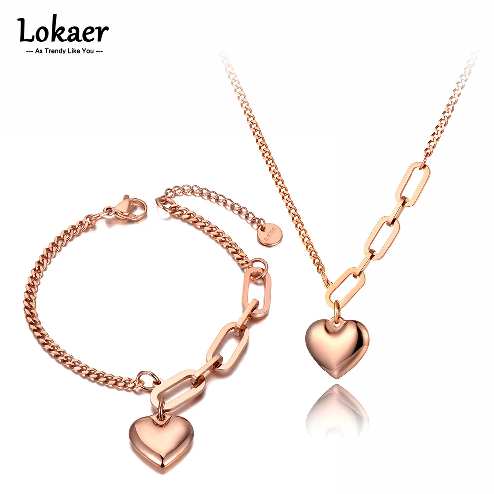 Lokaer Fashion Stainless Steel Lovely Heart Charm Pendant Necklace Bracelet Bohemia Link Chain Jewelry Sets For Women SE088