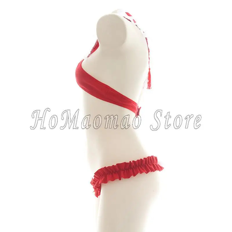 Santa Sexy Costume Christmas Lingerie Set Cute Hollow Out Bikini Bowknot Ruffle Halter Neck Bra Rabbit Tail Briefs Cosplay Set