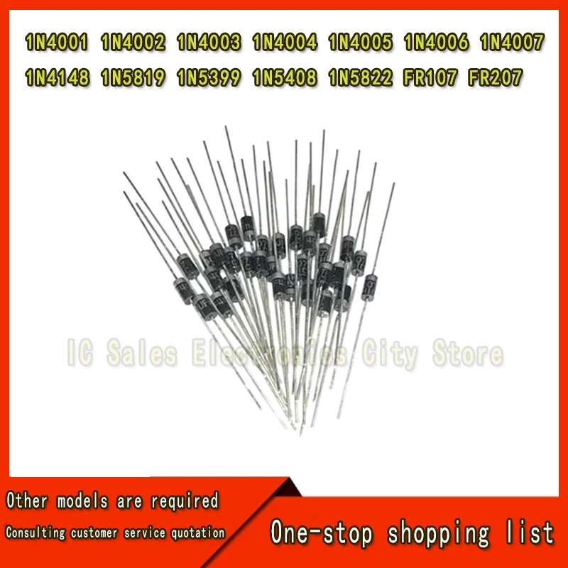 100pcs 1N4001 1N4002 1N4003 1N4004 1N4005 1N4006 1N4007 1N4148 1N5819 1N5399 1N5408 1N5822 FR107 FR207