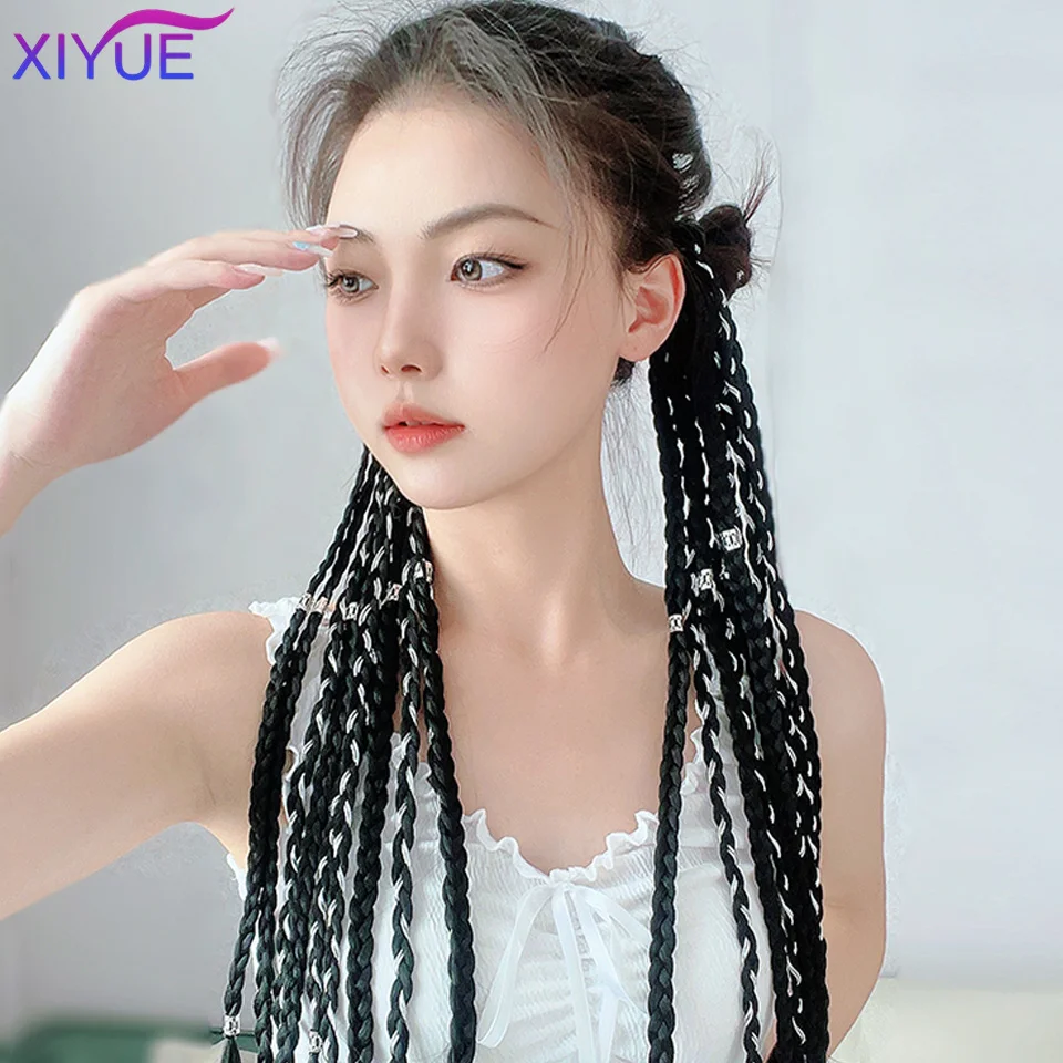 XIYUE Silver Thread Boxing Braid Tail Clip In Ponytail Hair Extension Heat Resistant Synthetic Natural Double Horse Tail Black