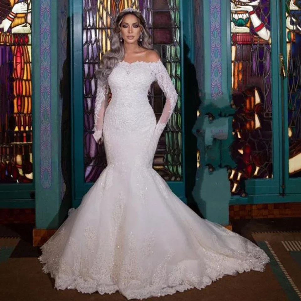 Customized Exquisite White O-Neck Sequin Lace Appliques Wedding Dresses Mermaid Floor Length Detachable Sweep Train Lace Up