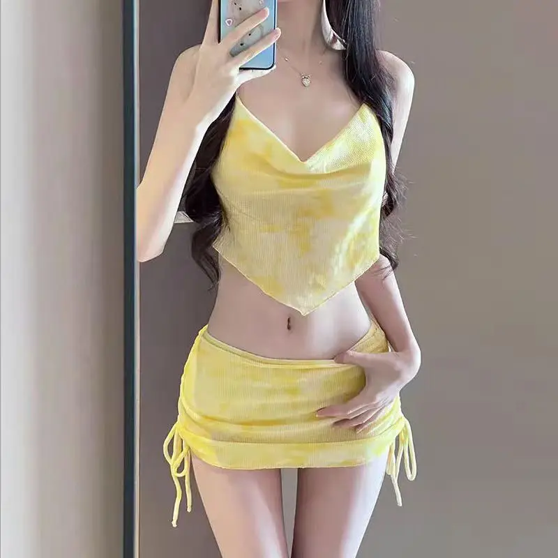 Korean Style 3PCS Bikini Set Women Tie Dye Swimsuit Open Back Drawstring Bathing Suit Cute Summer Beach Vacation Suits