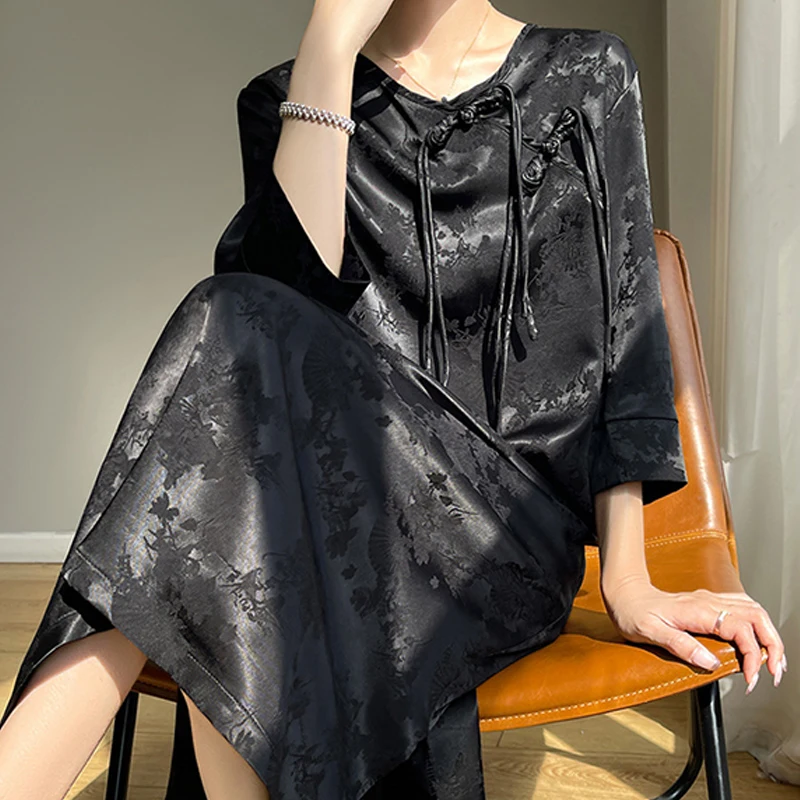 Women New Chinese Grace Round Neck Long Sleeves Button Loose Cheongsam Dress