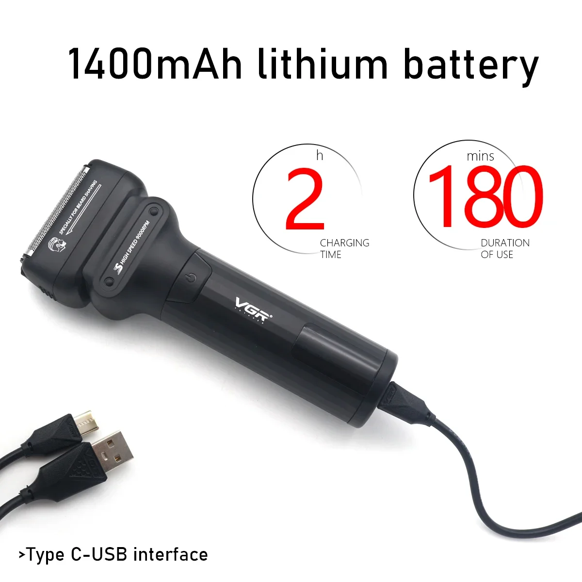 VGR V368 メンズ電気シェーバー ダブルフォイル 9000RPM LCDディスプレイ 1400mAh コードレス電気シェーバー プロ用シェーバー バリカン