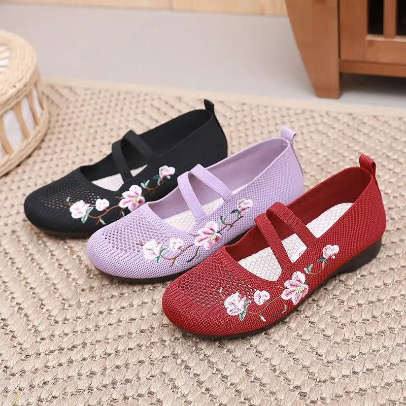 Women Foldable Mesh Bohemia Walking Beach Lightweight Breathable Shoes Women's National Style Floral Embroidery Ballet Flats