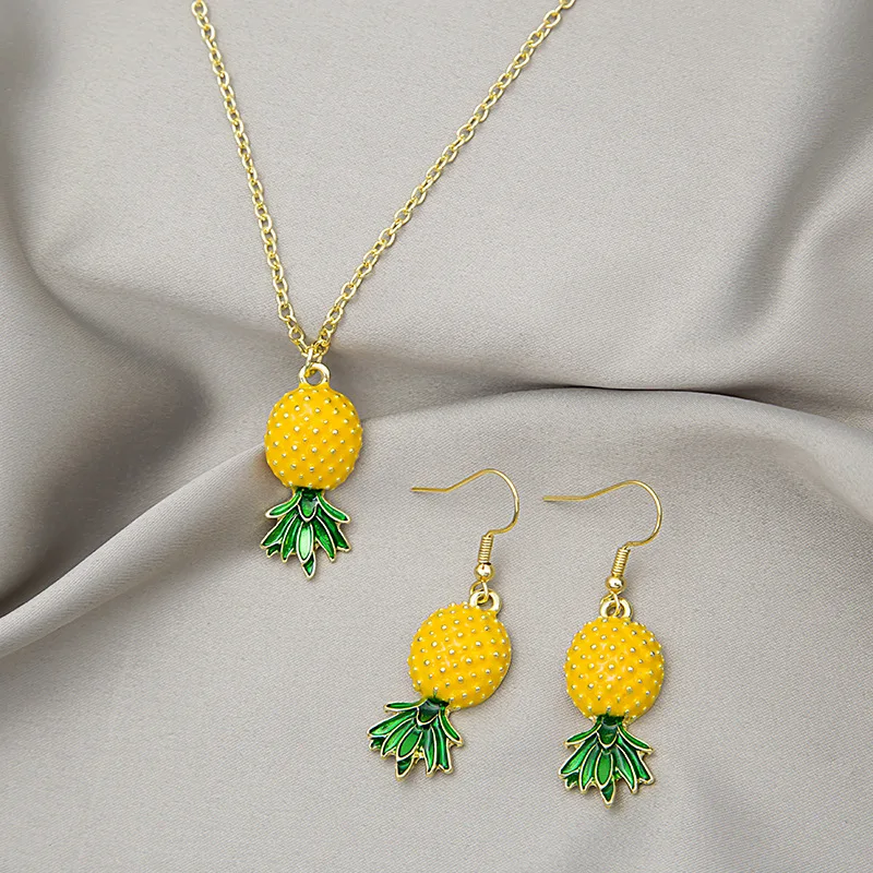 Silver Needle Small Fresh Fruit Pineapple Earrings Necklace Set Sweet Temperament Personality With Summer Cartoon 2-Piece Set