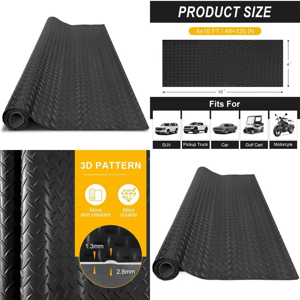 

Thick 2.8mm Diamond PVC Rubber Mat for Garage, Motorcycle, Car Parking, Non-Slip Floor Protector, Black