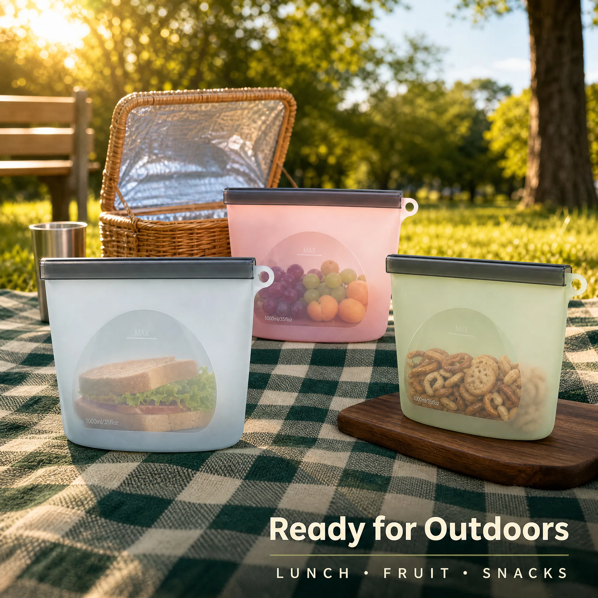 Reusable Silicone Meal Prep Bag 1000ml Stand Up Food Storage Pouch with Slide Seal for Freezer Lunch Fruit Vegetables 1PC