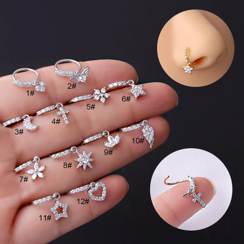 New 1Pcs 316L Surgical Stainless Steel Heart Crown Flower Dangle CZ Nose Studs Indian Screw Nose Rings Nose Piercing Jewelry