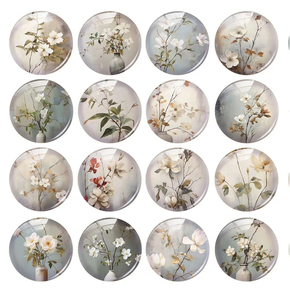 Random Mixed Round/Oval/Square White Flower Plants Branch Photo Glass Cabochon Flatback Demo Cameo For Diy Jewelry Making