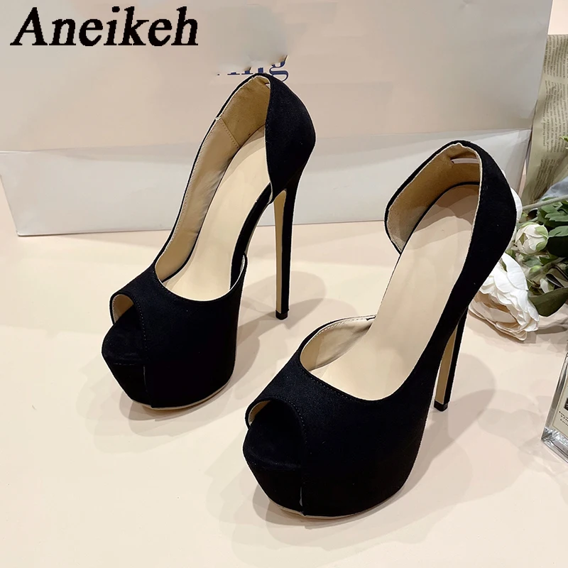 Aneikeh2024 Elegant Sexy Platform Super High HeelsWomen Flock Round Head Peep Toe Thin Heels Single Shoes Party Steel Pipe Dance