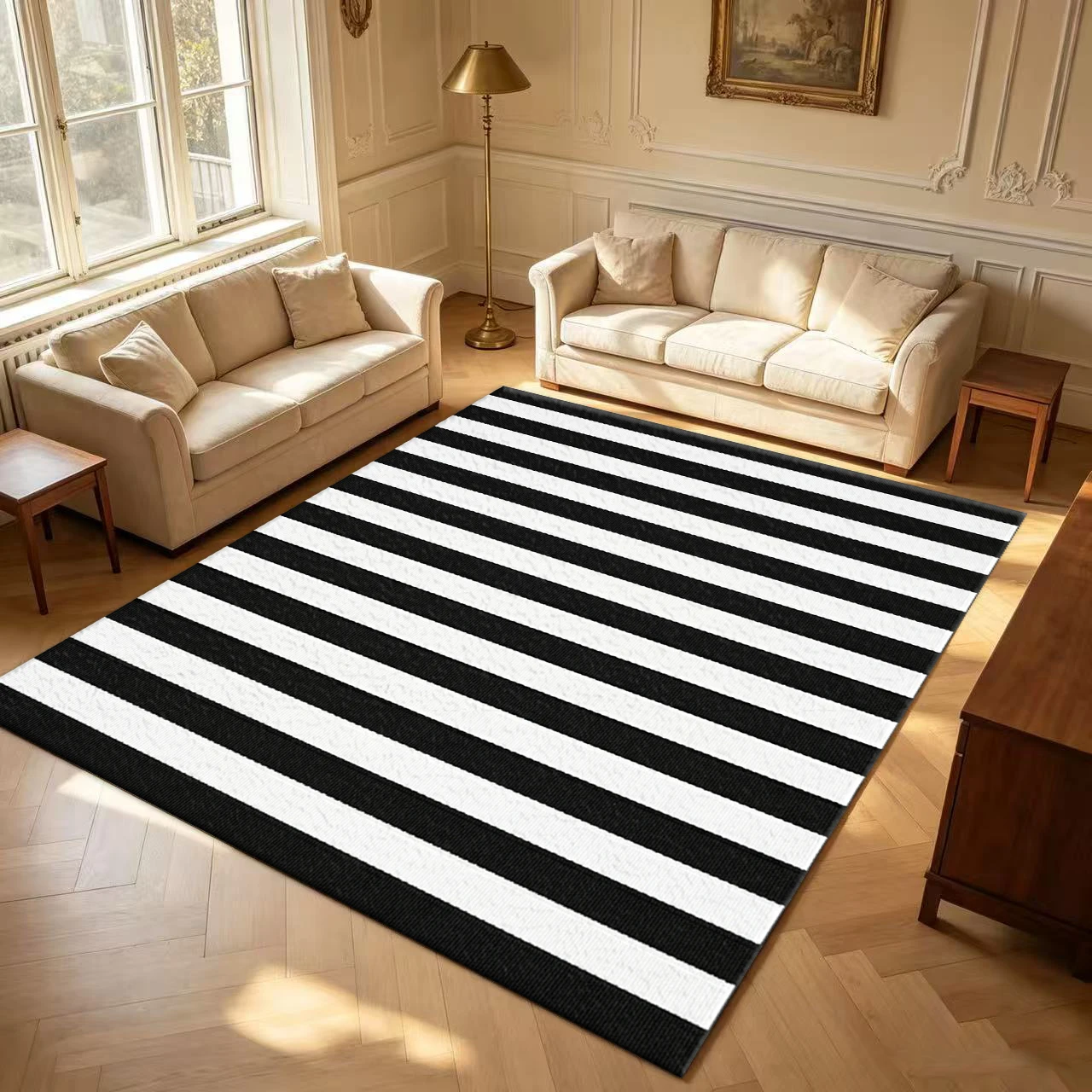 Classic Black White Vertical Stripe Area Rug Simple Striped Carpet Non Slip Washable Living Room Bedroom Indoor Floor Mat