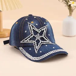Stylish Rhinestone Studded Star Denim Baseball Cap - Adjustable, Casual, Outdoor Sun Protection Peaked Hat with Sparkling Accent